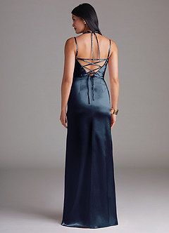 Desi Navy Sheath Pleated Metallic Satin Dress image2