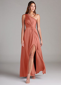 Azazie Brooke Robes de demoiselle d'honneur Robe Trapèze en Satin extensible Une épaule Rose Saumon image4