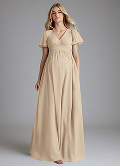 Azazie Verna vestidos de dama de honor de maternidad Vestido de Corte en A Cuello en V fruncido Hasta el suelo Gasa image4