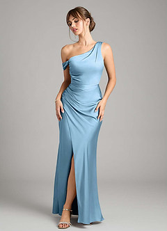 Azazie Madelyn Robes de demoiselle d'honneur Robe Sirène Convertible en Satin extensible Une épaule Acier Bleuté image1