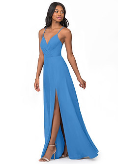 Azazie Everleigh Abiti da Damigella Abito A-Line in Chiffon con Scollo a Cuore a Pieghe Blue Jay image6