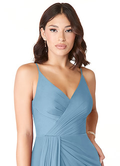 Azazie Evalin Robes de demoiselle d'honneur Robe Trapèze en Maille Col V plissé Acier Bleuté image5