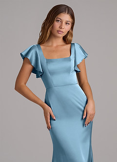 Azazie Elkie Slutrea Klä av Sjöjungfru i Stretch Satin Fyrkantig halsringning Stålblå image6