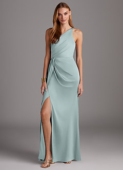Azazie Mika Vestidos de damas de honor Vestido de Vidrio Marino de Satén Elástico de Corte Recto con Hombro unilateral image3