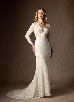 Azazie Indie Wedding Dresses Cream Sheath V-Neck Tulle Dress image1