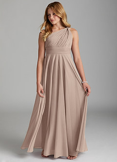 Azazie Charlize Junior Taupe A-Line Mesh Dress image4