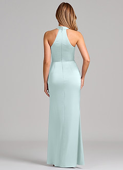 Azazie Karlotta Bridesmaid Dresses Sea Glass Sheath Pleated Stretch Satin Dress image2