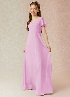 Azazie Induh Junior Candy Pink A-Line Ruched Chiffon Dress image3