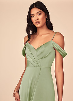 Azazie Ocean Bridesmaid Dresses Dusty Sage A-Line V-Neck Pleated Stretch Satin Dress image4