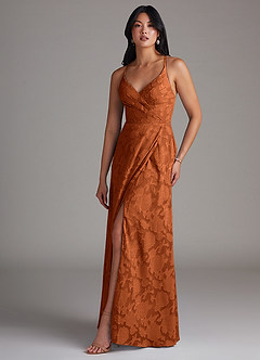 Azazie Davis Bridesmaid Dresses Burnt Orange A-Line Pleated Floral Burnout Dress image1