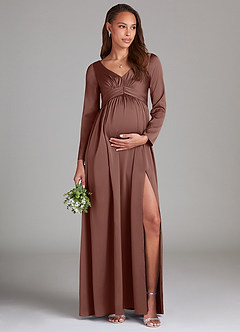 Azazie Teton Final Sale A-Line Long Sleeve Stretch Satin Floor-Length Dress image1