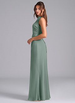 Azazie Evadne At-home Try On Dresses Dark Green Sheath Pleated Chiffon Dress image6