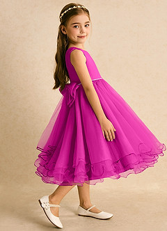 Azazie Lass vestidos de niña de las flores Vestido de Fucsia de Tul de Corte En A con Lazo image4