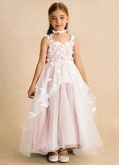 Azazie Darlina Robe Demoiselle D'honneur Fillette Robe Princesse en Tulle Dentelle Ivoire Rose Rougissant image4