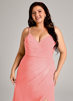 Azazie Maci Bridesmaid Dresses Coral Sheath Pleated Chiffon Dress image12