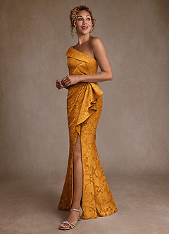 Azazie Hampton Kleider für die Brautmutter Meerjungfrau-Linie One-Shoulder Blumen-Burnout Kleid Butterscotch image2