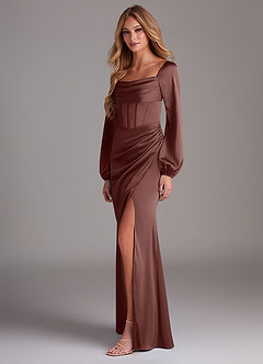 Azazie Charissa Bridesmaid Dresses Espresso Sheath Long Sleeve Stretch Satin Dress image5