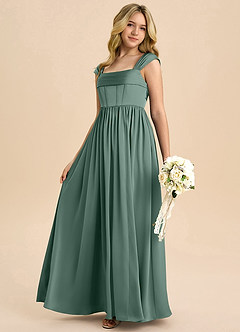 Azazie Hattie Junior Abito A-Line in Raso Elasticizzato Plissettato Eucalipto image6