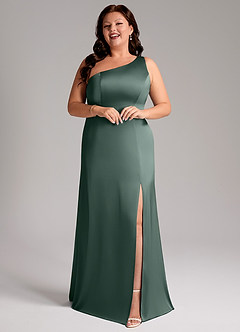 Azazie Phaedra Bridesmaid Dresses Sea Moss A-Line One Shoulder Stretch Satin Dress image13