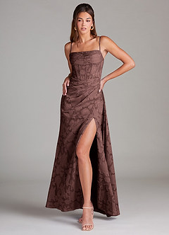 Azazie Denisa Bridesmaid Dresses Espresso Sheath Pleated Floral Burnout Dress image3