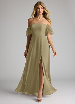 Azazie Sue Robes de demoiselle d'honneur Robe Trapèze Convertible en Mousseline de soie Épaule décolletée Vert Mousse image1