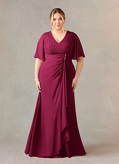 Azazie Carson vestidos de madre de la novia Vestido Borgoña de Gasa de Corte en A con Encaje de cuello en V image6