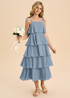 Azazie Shortcake Junior Jurk van Chiffon met A-Lijn Boog Stoffig Blauw image6