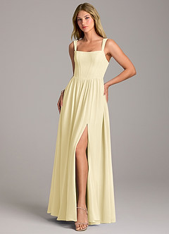 Azazie Rosaline Robes de demoiselle d'honneur Robe Trapèze en Mousseline de soie Fente Latérale Sorbet Citron image3