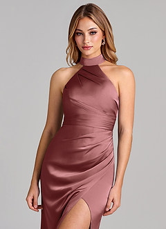 Azazie Karlotta Bridesmaid Dresses Amethyst Sheath Pleated Stretch Satin Dress image6