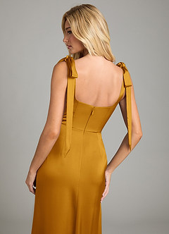 Azazie Frostine Bridesmaid Dresses Butterscotch A-Line Bow Stretch Satin Dress image6