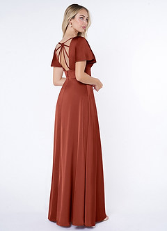 Azazie Lani Bridesmaid Dresses Terracotta A-Line Flounce Sleeve Stretch Satin Dress image5