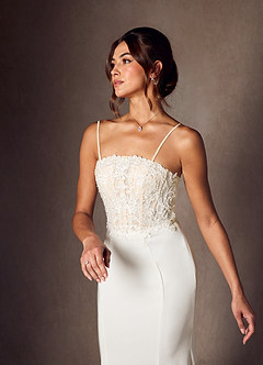 Azazie Lewena Wedding Dresses Diamond White Champagne Mermaid Lace Crepe Back Satin Dress image5