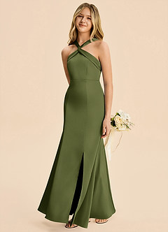 Azazie Rue Junior Olive Mermaid Pleated Stretch Satin Dress image3
