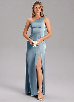 Azazie Feby Bridesmaid Dresses Dusty Blue A-Line One Shoulder Stretch Satin Dress image3