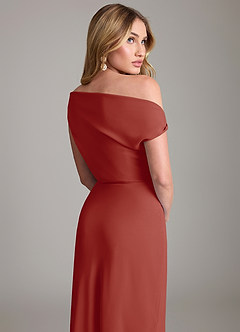Azazie Emerson Bridesmaid Dresses Terracotta Sheath Off the Shoulder Chiffon Dress image3