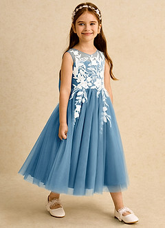 Azazie Sundae Abiti da Ragazza di Fiori Abito Principessa in Pizzo Blu Acciaio image4