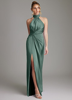 Azazie Gracelynn Bridesmaid Dresses Eucalyptus Sheath Pleated Stretch Satin Dress image1