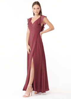 Azazie Yoko Vestidos de damas de honor Vestido de Merlot de Gasa de Corte en A con Volante image3