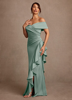 Azazie Kirsty Mère de la mariée Robes Robe Fourreau en Satin extensible Épaule décolletée Sauge D'argent image3