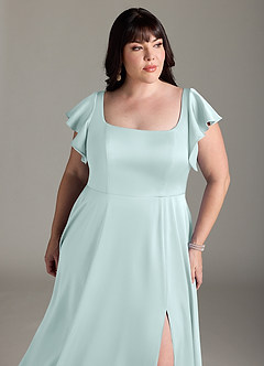 Azazie Bondi Bridesmaid Dresses Sea Glass A-Line Bow Stretch Satin Dress image11