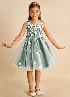 Azazie Junebug vestidos de niña de las flores Vestido de Marfil Verde Oscuro de Tul de Princesa con Encaje image3
