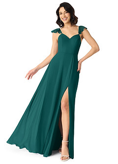 Azazie Everett Bridesmaid Dresses Peacock A-Line V-neck Ruched Chiffon Dress image1