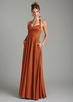 Azazie Tenaya Robes de demoiselle d'honneur Robe Trapèze en Satin extensible Décolleté en cœur Cannelle image1