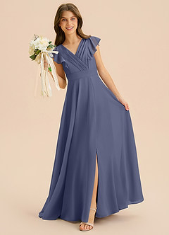 Azazie Anysa Junior Robe Trapèze en Mousseline de soie Rayé Bleu Orageux image3