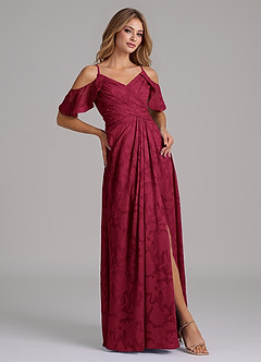 Azazie Dakota Bridesmaid Dresses Burgundy A-Line Off the Shoulder Floral Burnout Dress image5