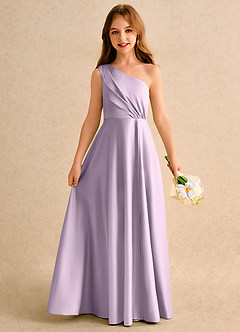 Azazie Puddles Girls Formal Flower Girl Dresses Frosted Lilac A-Line One Shoulder Matte Satin Dress image1
