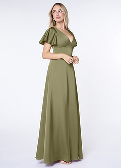 Azazie Lani Robes de demoiselle d'honneur Robe Trapèze en Satin extensible Manche à volants Pistache image4
