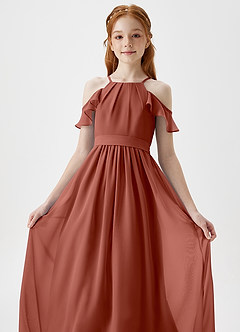 Azazie Chaya Junior Jurk van Chiffon met A-Lijn Off the Shoulder Kastanjebruin image1