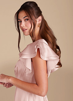 Azazie Daphne Modest Bridesmaid Dresses A-Line Ruched Metallic Satin Floor-Length Dress image5