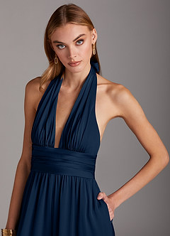 Azazie Oli Jurken voor bruidsmeisjes Jumpsuit van Stretch Satijn Geplooid Donkere Marine image6